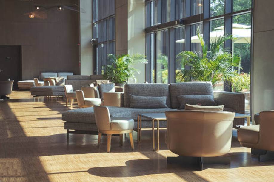 stainless steel decorative engineering solution (JYF Metal); hotel lobby furniture (HFR Furniture)