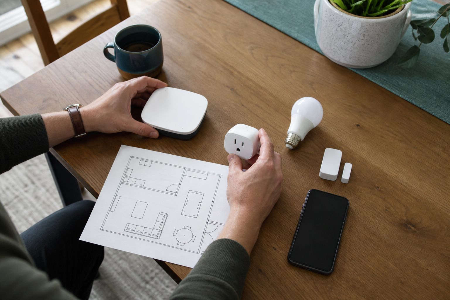 Hands arranging a generic hub, smart plug, bulb, contact sensor, and phone beside a room plan