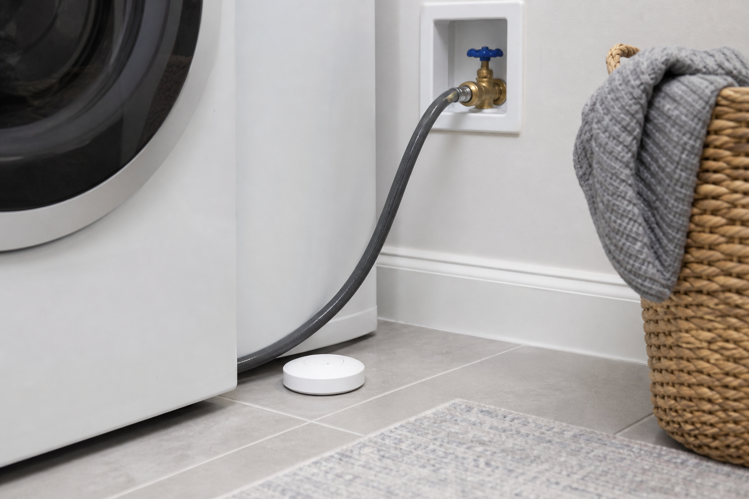 A small water-leak sensor on a dry laundry-room floor beside a washing-machine hose and shutoff valve