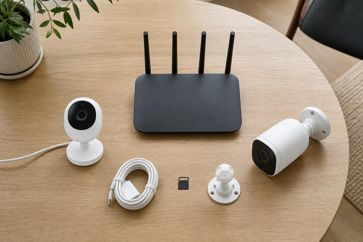 A homeowner compares a plug-in camera, battery camera, router, power cable, and memory card on a table