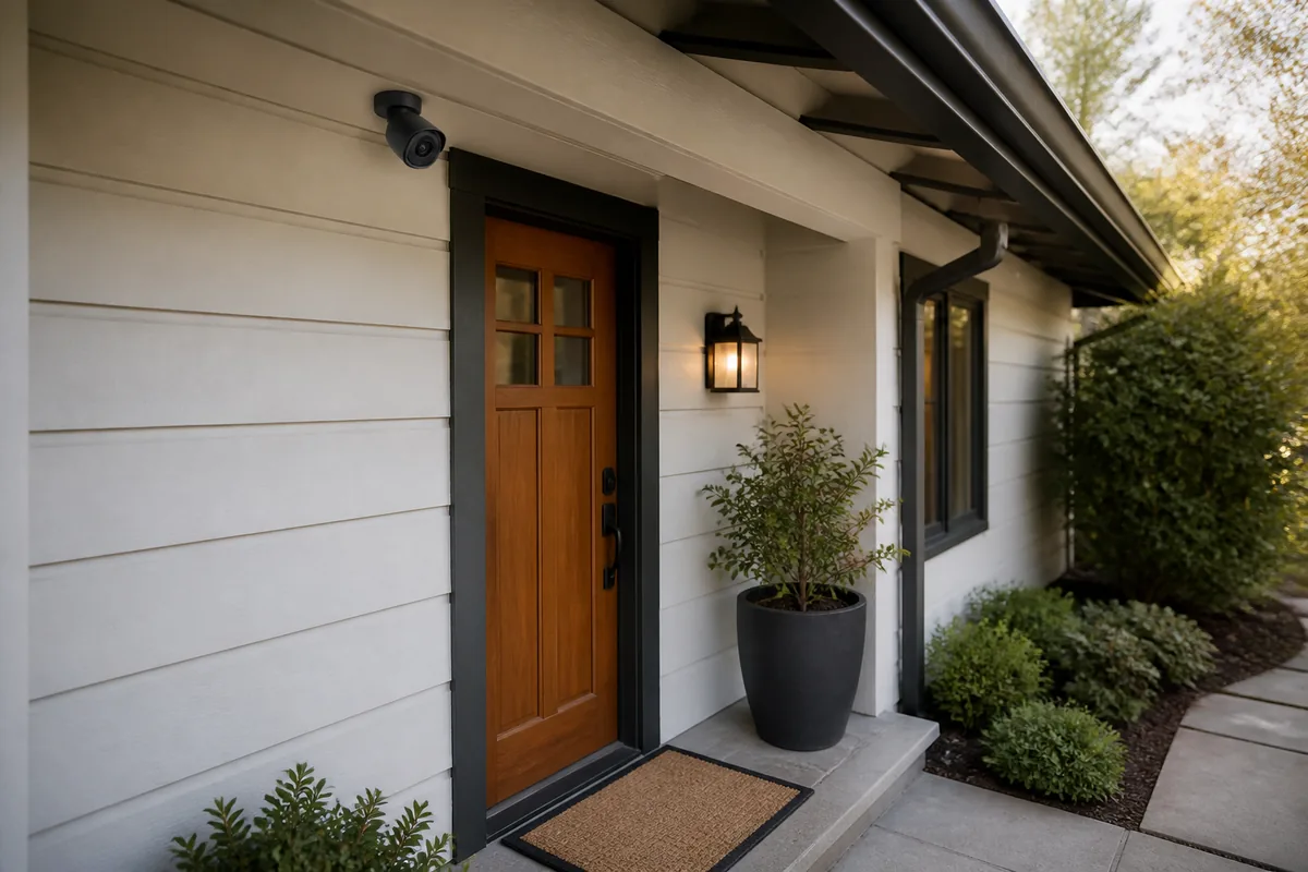 An outdoor security camera mounted under an eave and aimed only at a home's front doorstep