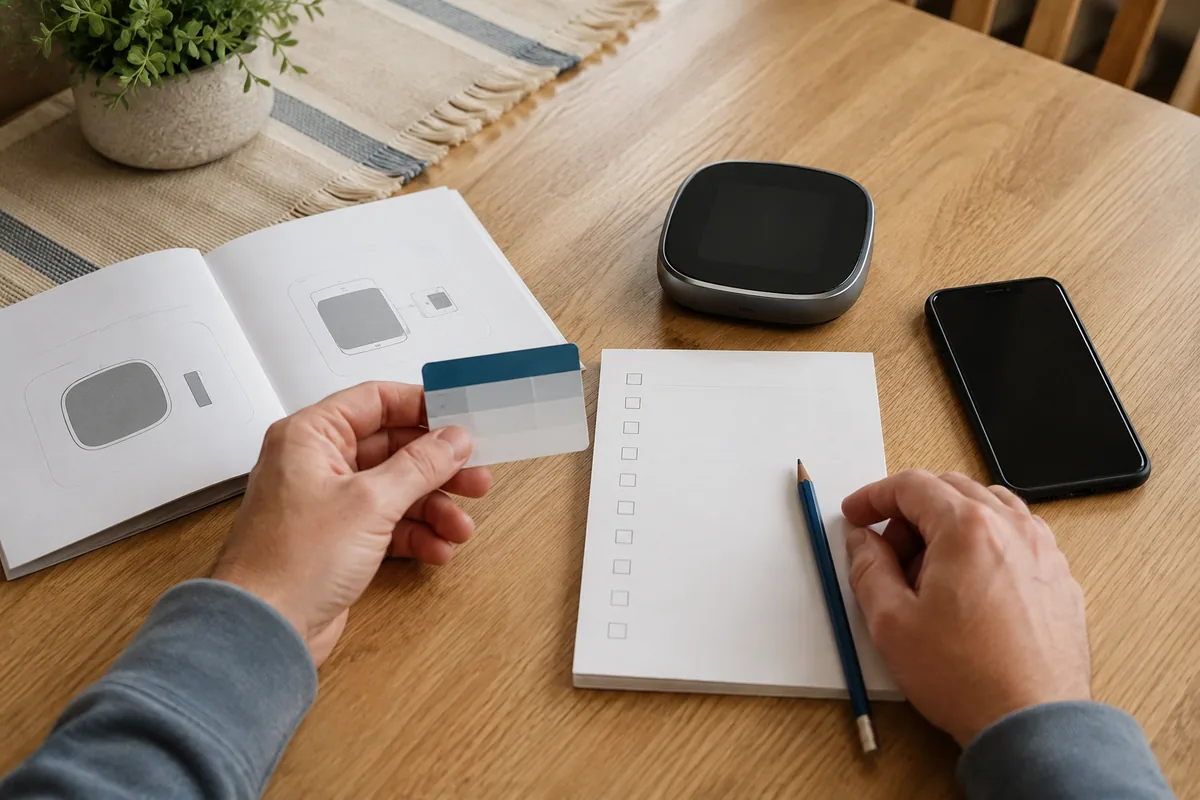 A homeowner compares a thermostat manual, equipment model card, and blank compatibility checklist before purchase