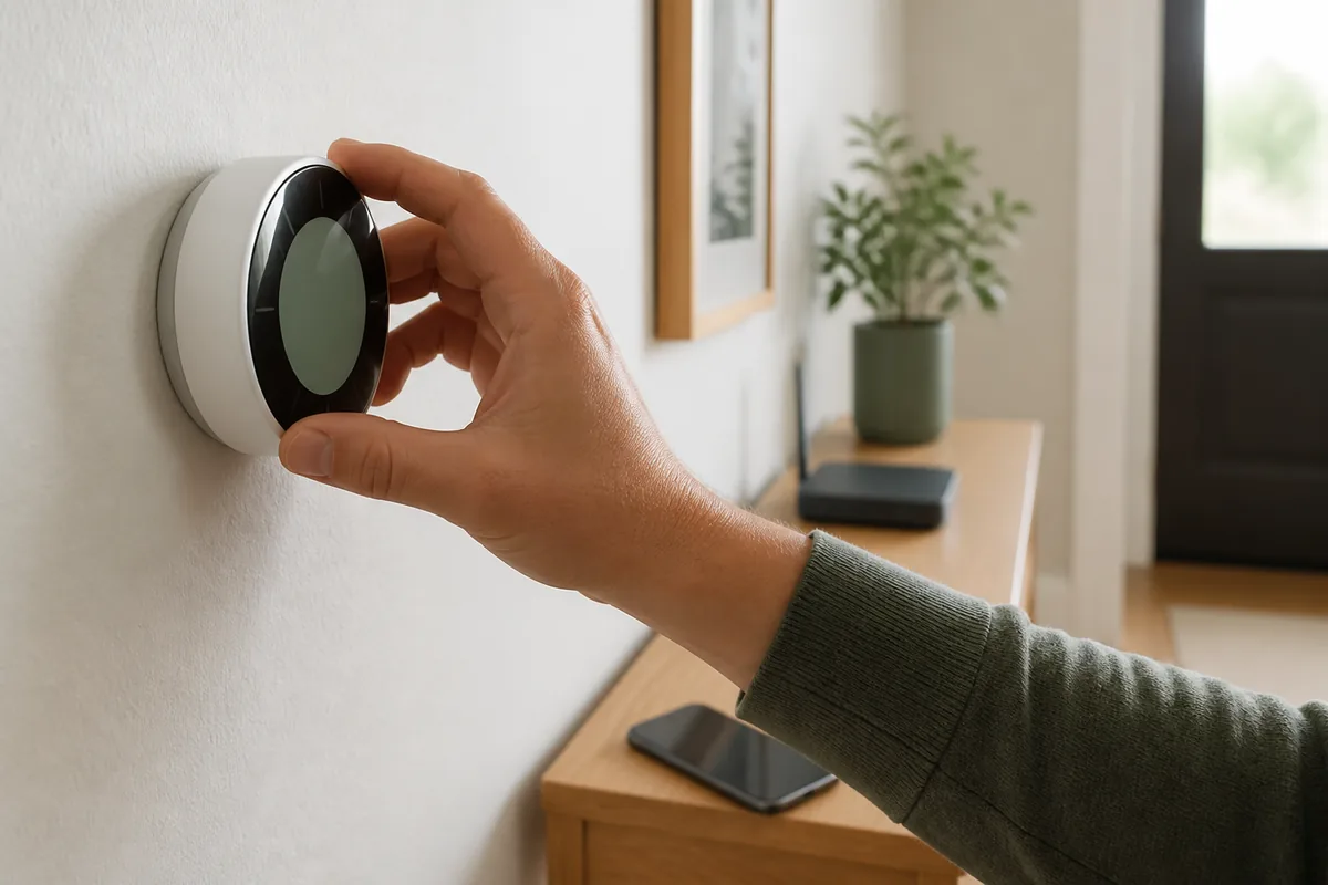 A hand adjusts a wall thermostat while a dark-screen phone and home router sit nearby