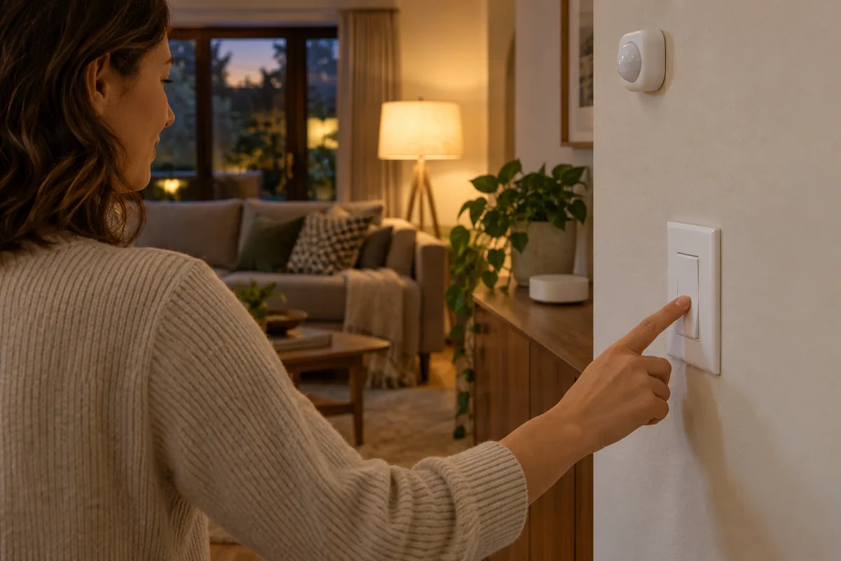 A resident uses a physical wall switch while a motion sensor and local smart-home controller remain visible