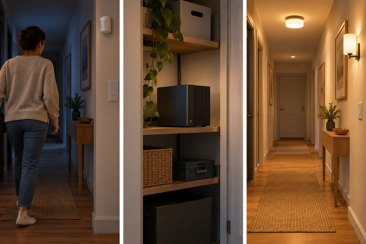 A three-stage hallway scene shows a resident arriving, a local controller evaluating the event, and lights switching on