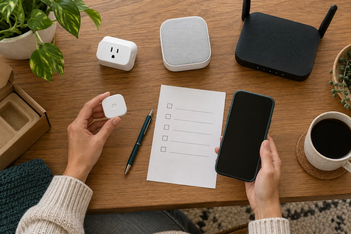A smart home device compatibility checklist beside a sensor, plug, hub, router, and phone
