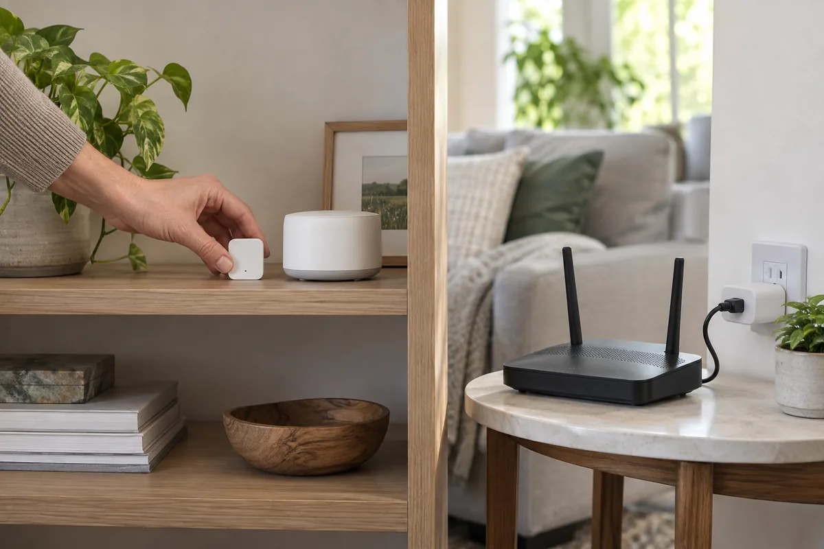A homeowner compares a Thread sensor and controller with a Wi-Fi smart plug and router