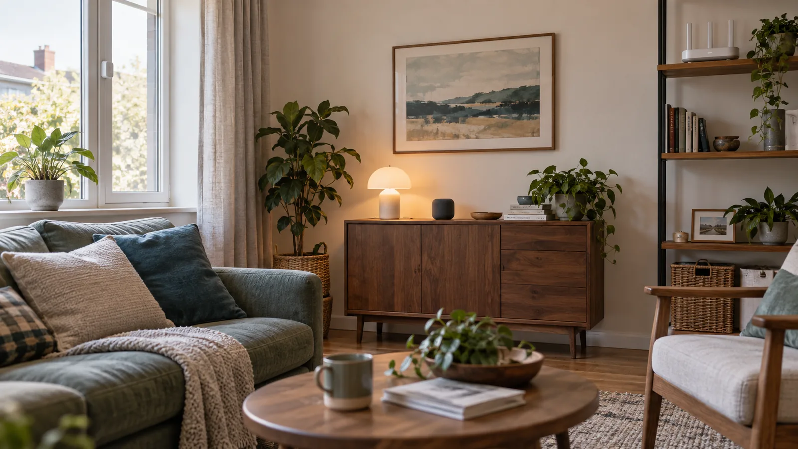 A modern living room containing unbranded smart-home devices that use different network paths