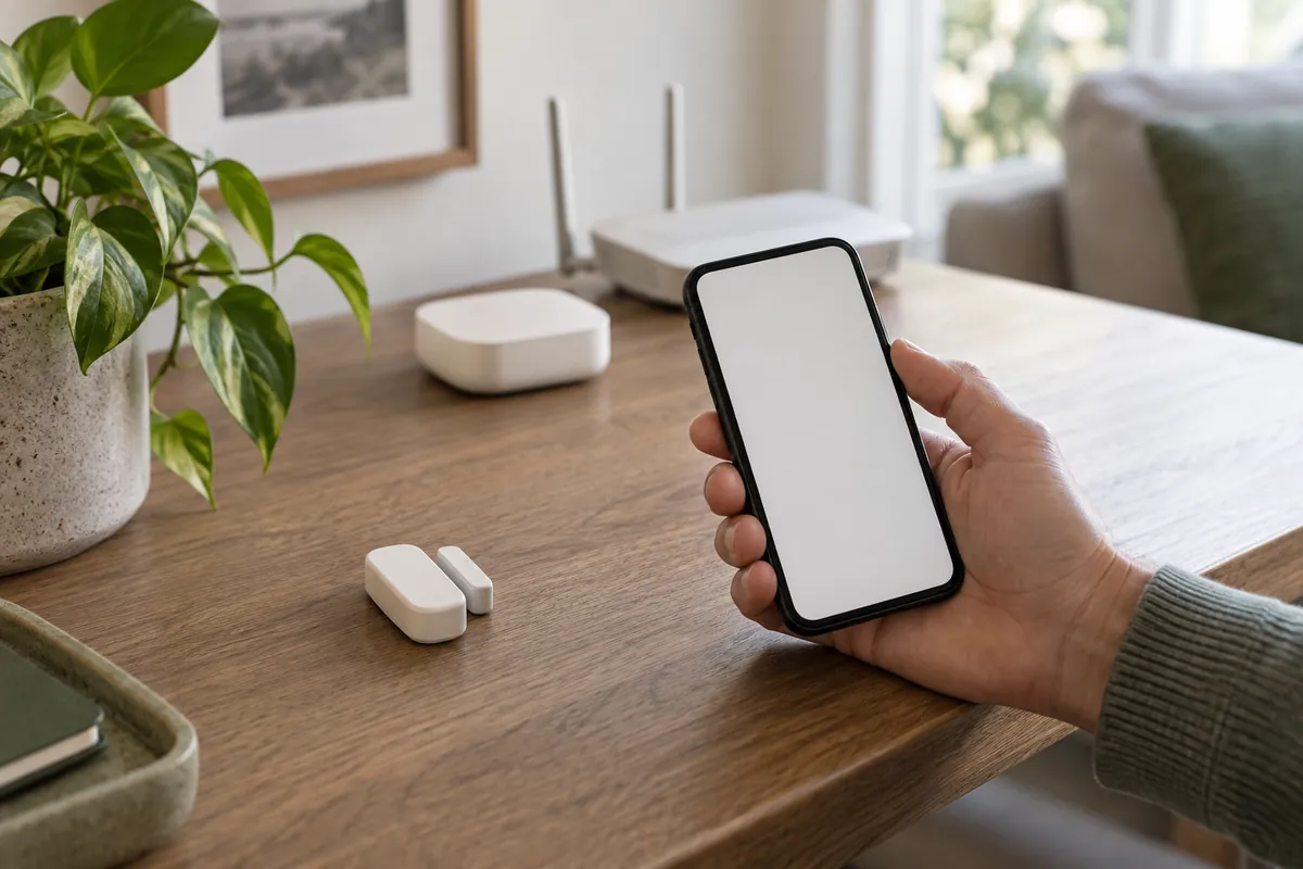 A phone onboarding a small unbranded sensor near a smart-home controller and network router