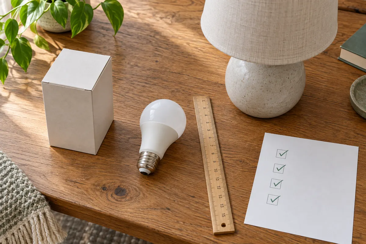 An unbranded smart bulb beside a table lamp, ruler, and blank fixture checklist on a work surface