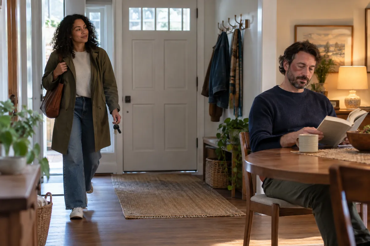 Two household members coordinate arrival and departure routines while one remains at home