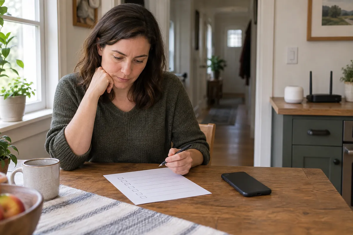 A homeowner reviews a layered geofencing troubleshooting checklist beside a phone and smart-home controller