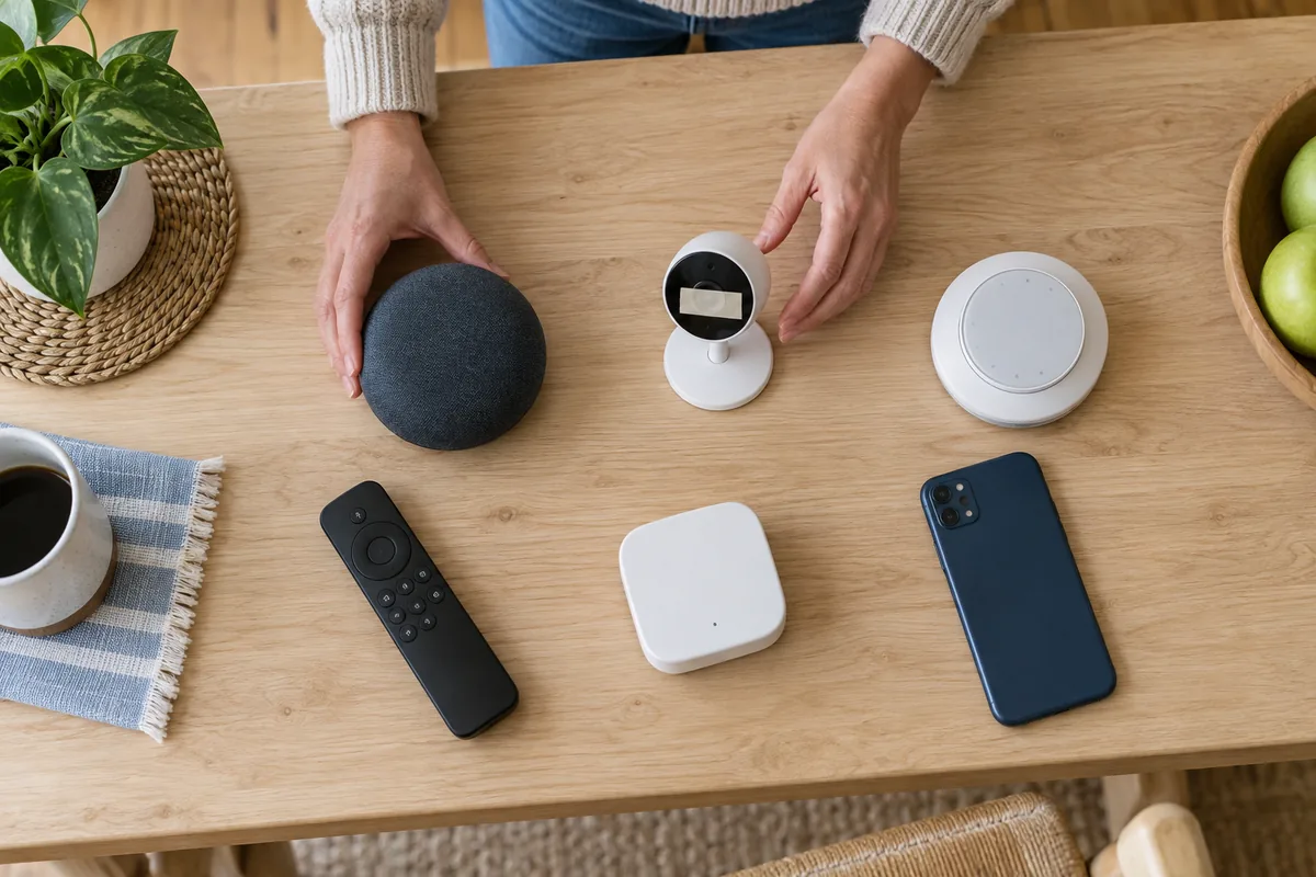 Unbranded smart speaker, camera, thermostat, television and hub arranged for a household privacy audit