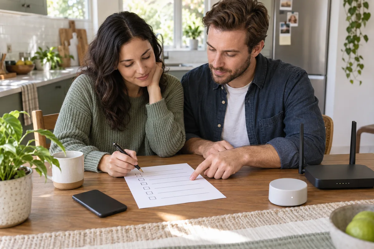 Two household members review a simple smart home privacy checklist at a kitchen table