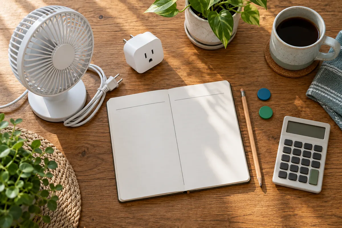 A top-down household energy review with a smart plug, a simple notebook, and one plug-in appliance planned for follow-up