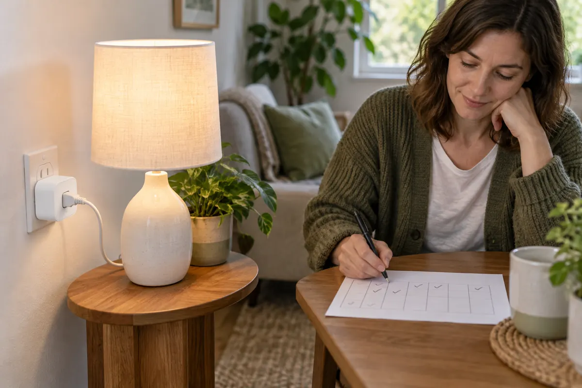 A smart plug connected to one desk lamp while a homeowner records a seven-day household energy test