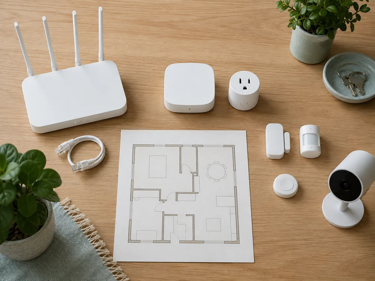 Top-down view of a router, smart-home hub, camera, plug, and small sensors arranged for network planning