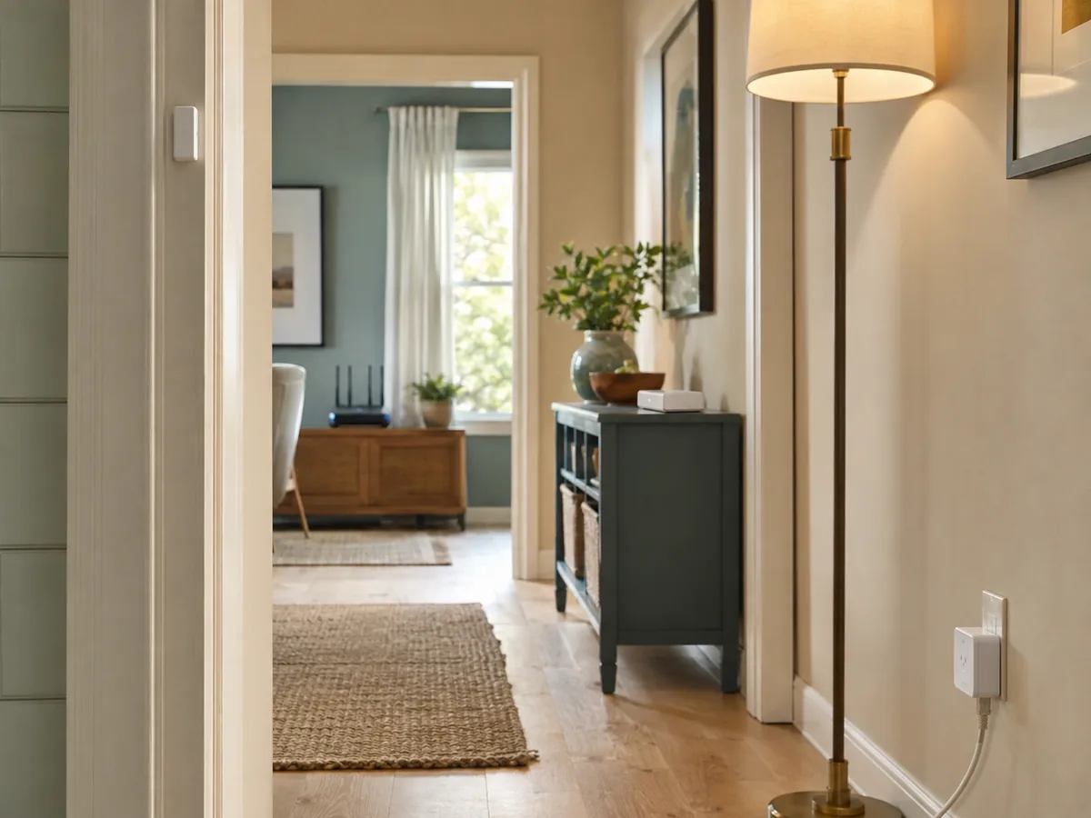 A hallway showing a router, hub, powered smart plug, and battery contact sensor placed in different parts of a home