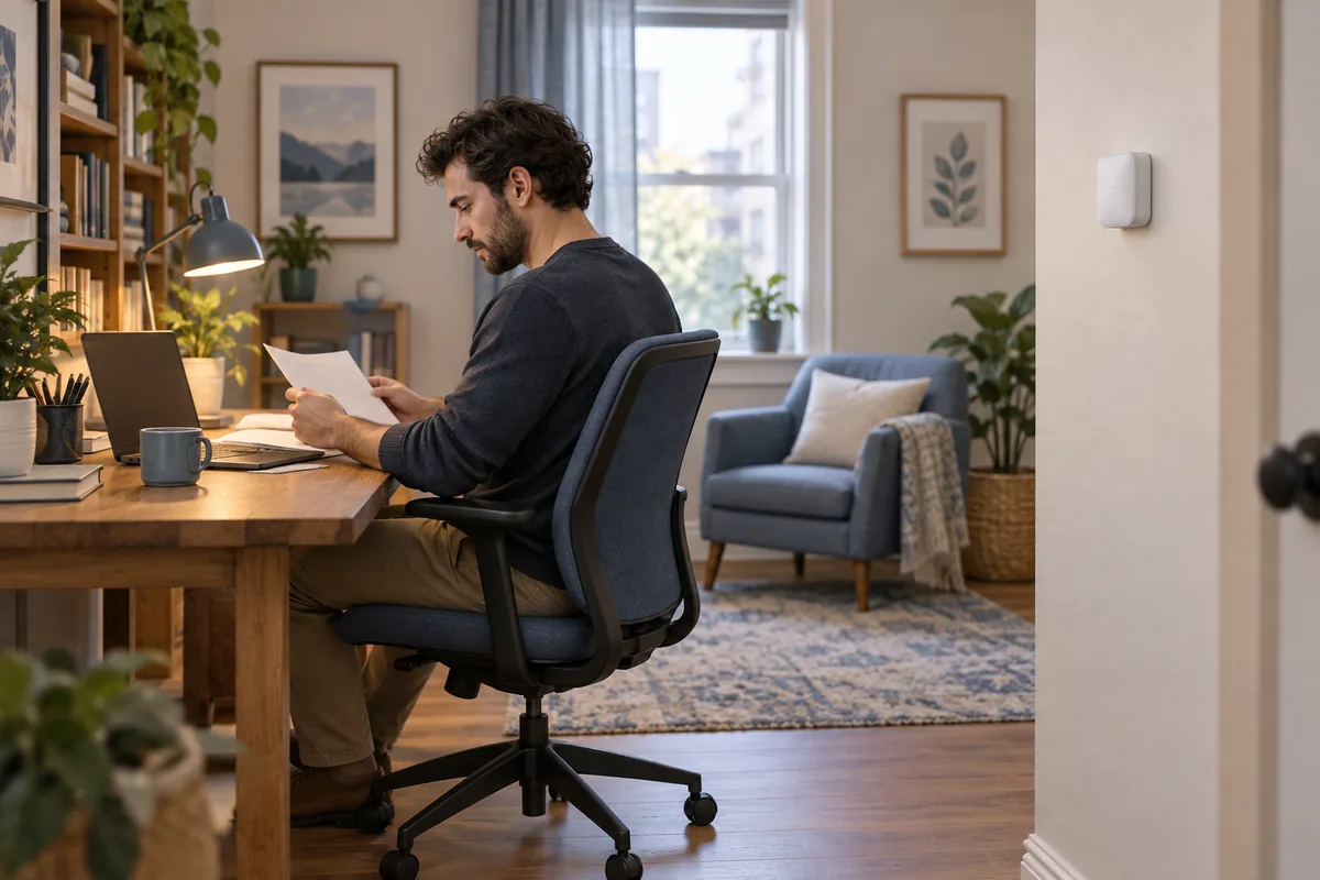 A seated home-office user reads notes beside a laptop, with a small room sensor mounted on the nearby wall.