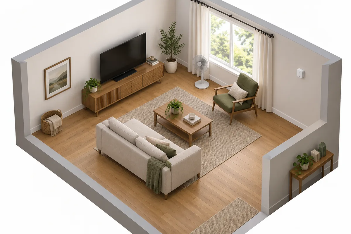 Cutaway living-room illustration shows a wall sensor, seating area, window, curtain and standing fan.