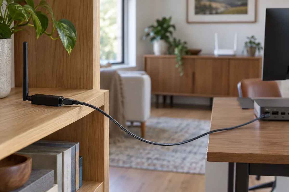 USB radio coordinator on an open shelf connected to a computer by an extension cable, with a Wi-Fi access point farther away