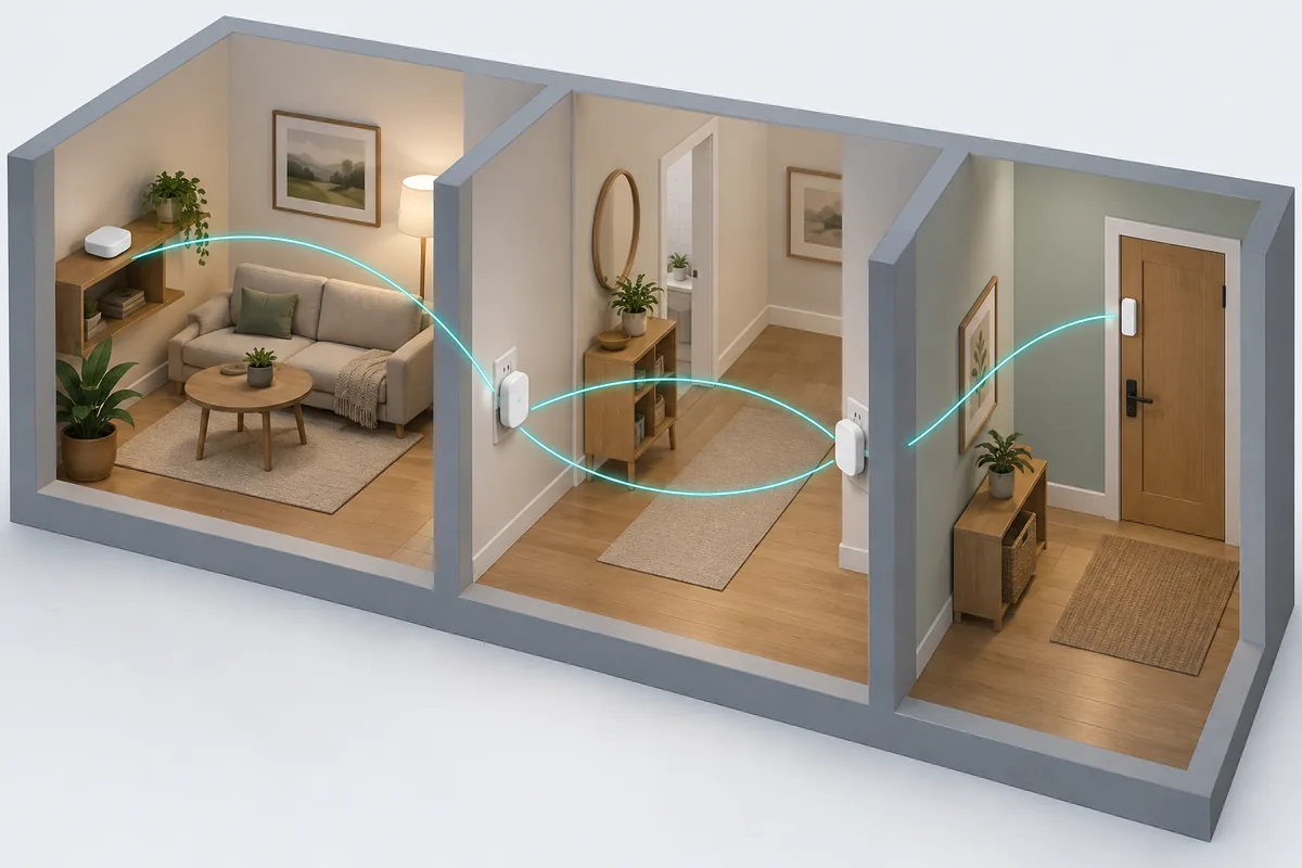Conceptual connections from a hub through powered plugs to a door sensor across adjoining rooms